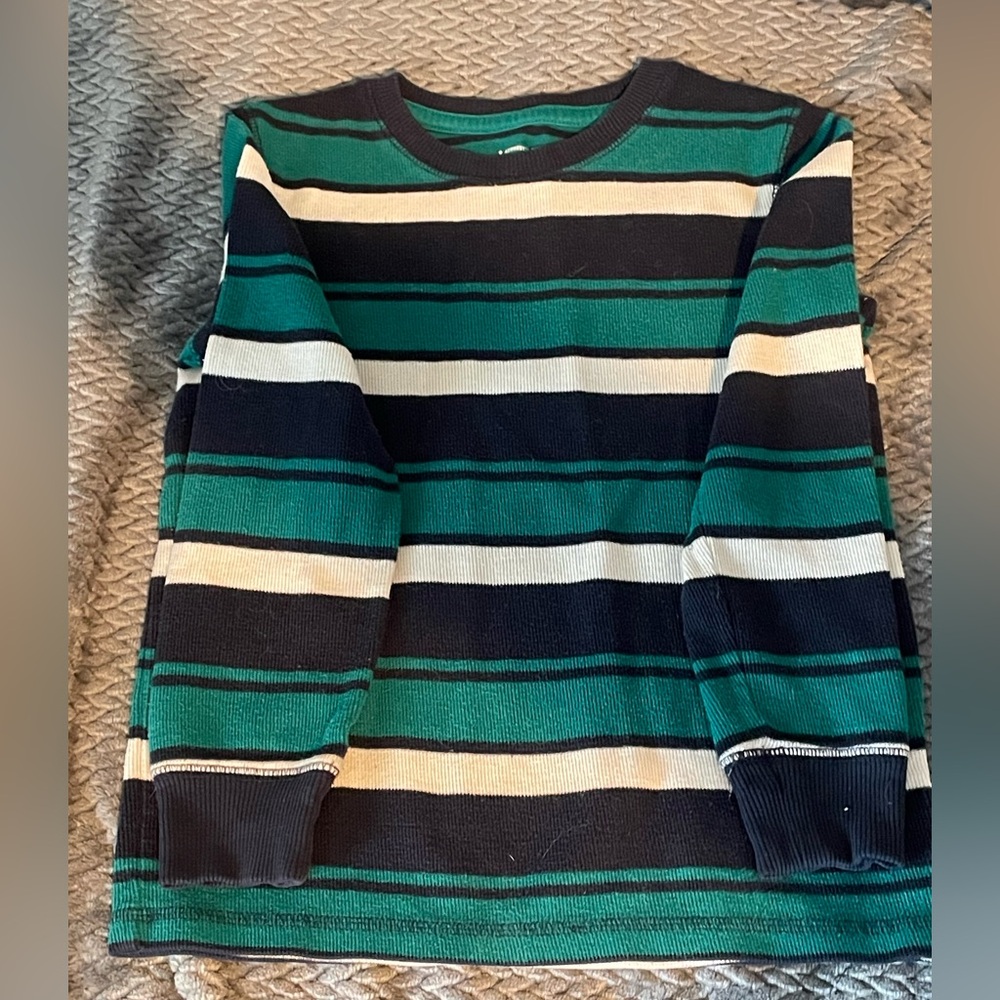 Striped Green, White and Navy Blue Long Sleeve Boys’ Shirt